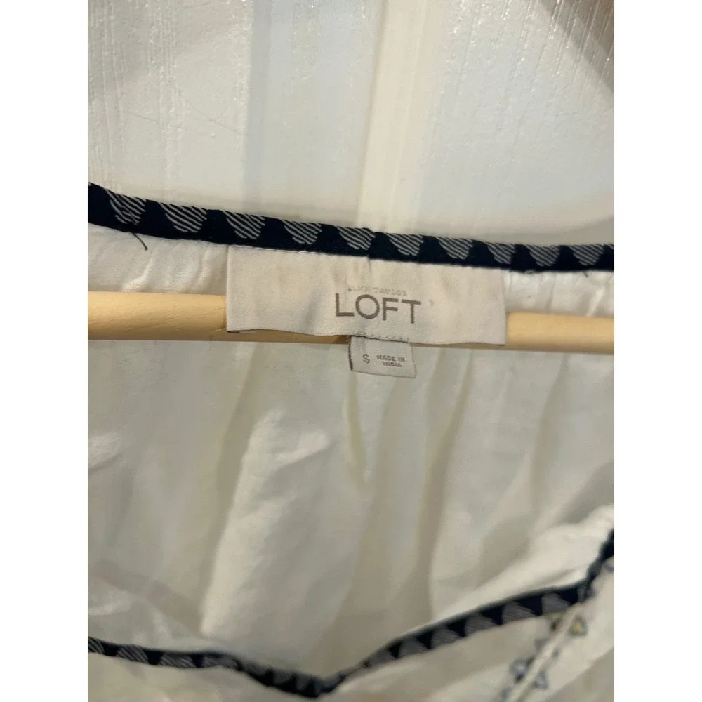 LOFT Blouse White Embroidered V-Neck Tassel Cotton Boho Summer Top Small